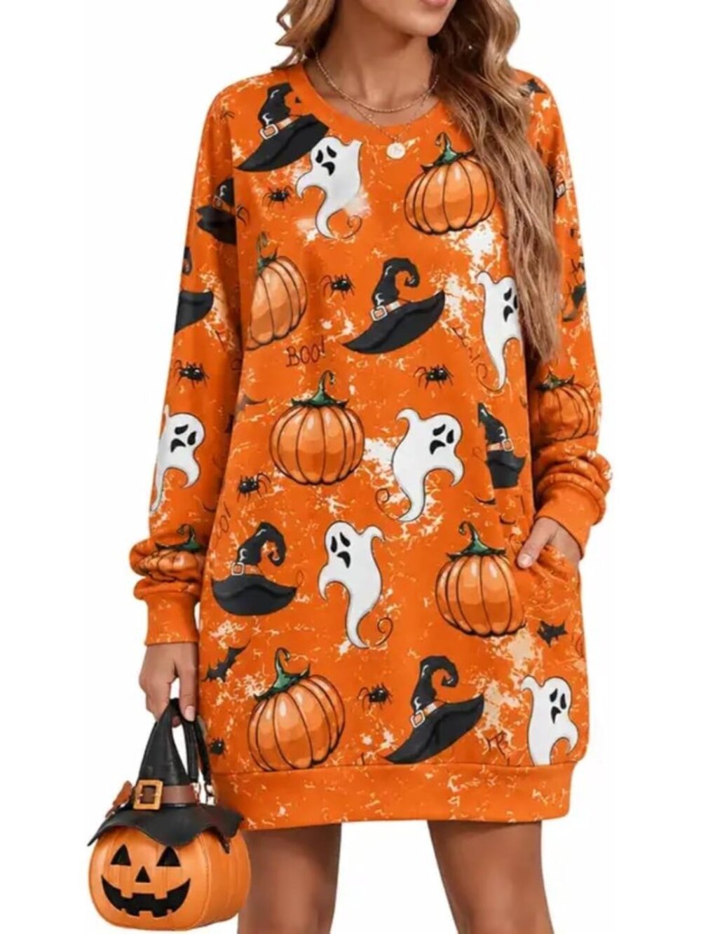 🆕 Women's Orange Halloween Ghost Pumpkin Witch Hat Sweatshirt Dress Pockets